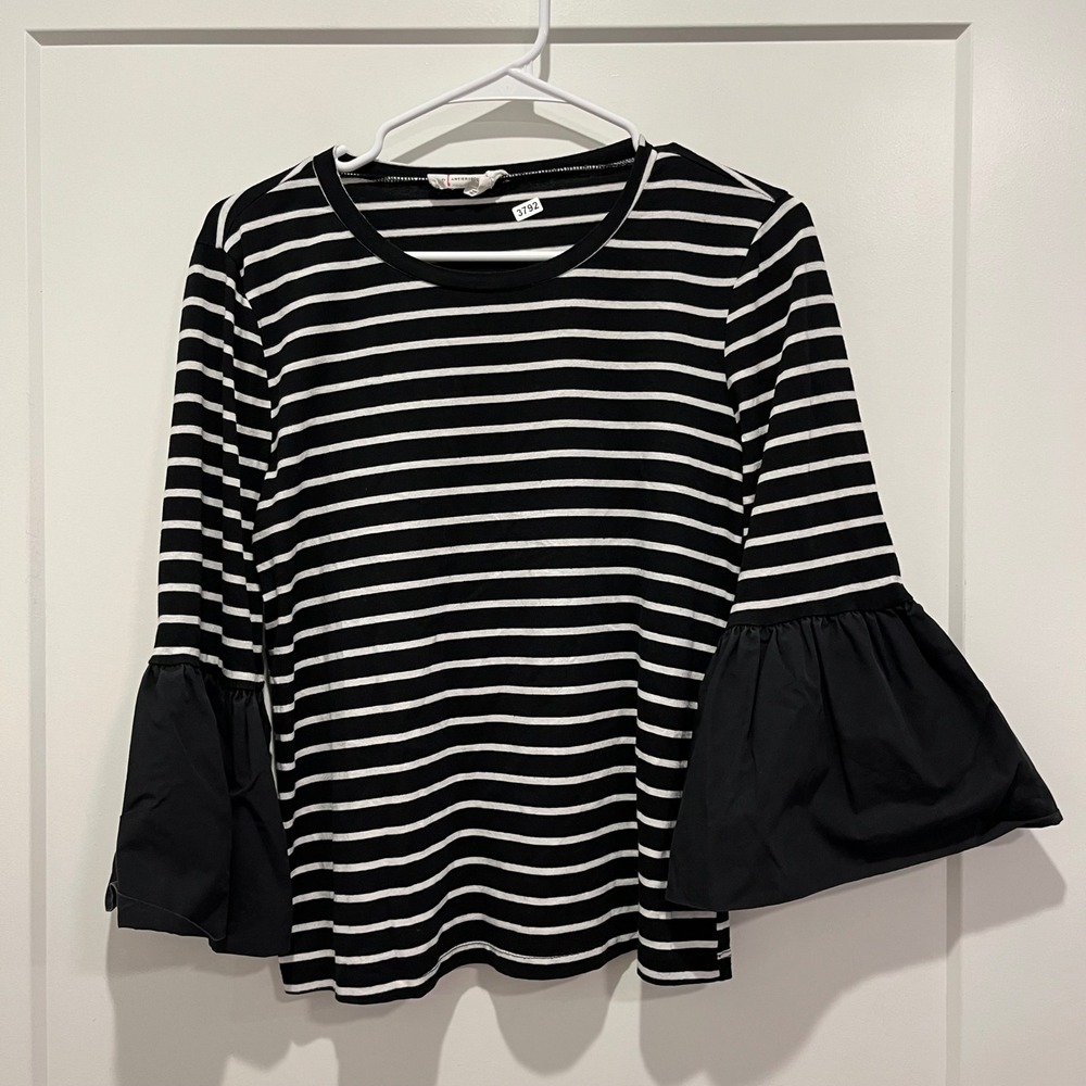 Anthropologie Black White Striped Bell Sleeve Knit Top Small
